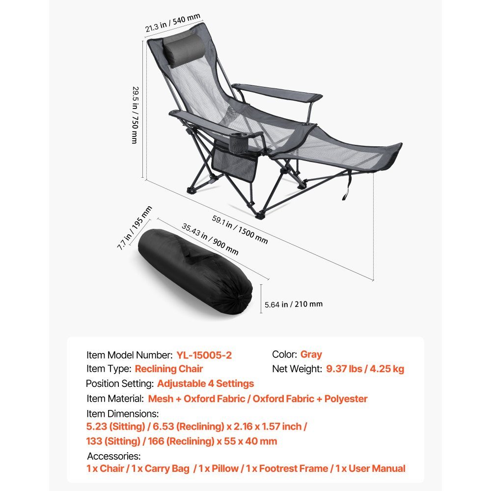 Folding Camping Chair, Deck Chair with 4 Adjustable Positions, Relaxation Chair Lounger with Cup Holder, Mesh Beach Chair with Headrest & Footrest, Load Capacity 100kg, for Outdoor Camping, Gray