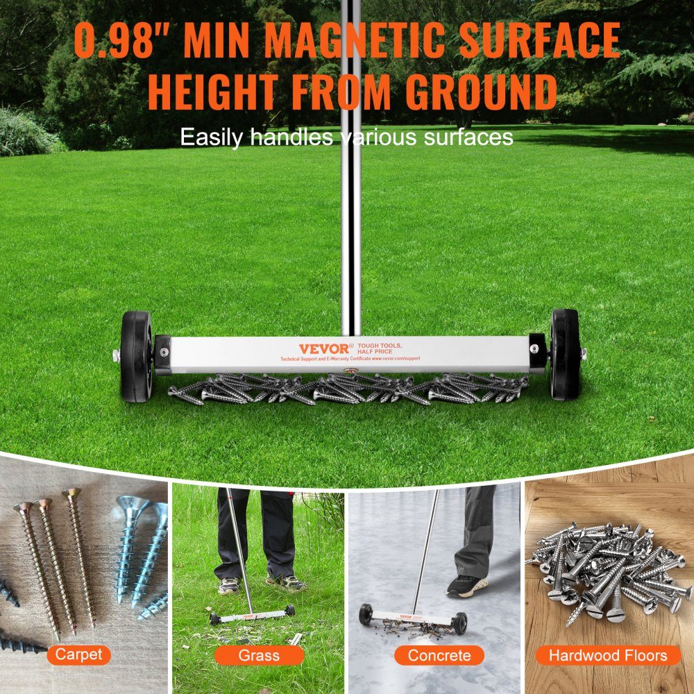 Magnetic Sweeper with Wheels, 15 Inch Mini Magnetic Sweeper, 8 Pound Capacity, Adjustable Handle, Lightweight Magnetic Sweeper for Picking Up Nails and Screws, Easy to Clean Workshop Garage