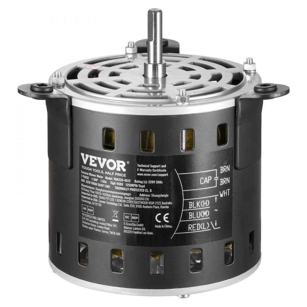 1/3 HP blower motor, 220V, 1.95A, 1250RPM, 3 speeds (750/950-1250RPM), 10mm shaft diameter, 20mm shaft RED clockwise from shaft end, including CBB60 15μF/450V capacitor