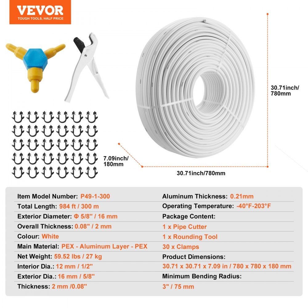 Alu-Verbundrohr, Alu-Mehrschichtverbundrohr, 300 m, weiß, PEX-Rohr, Alu-Mehrschichtverbundrohr, MV-Rohr, Mehrschichtrohr, ideal für Fußbodenheizung und Heizkörperanschluss, Alu-Verbundrohr