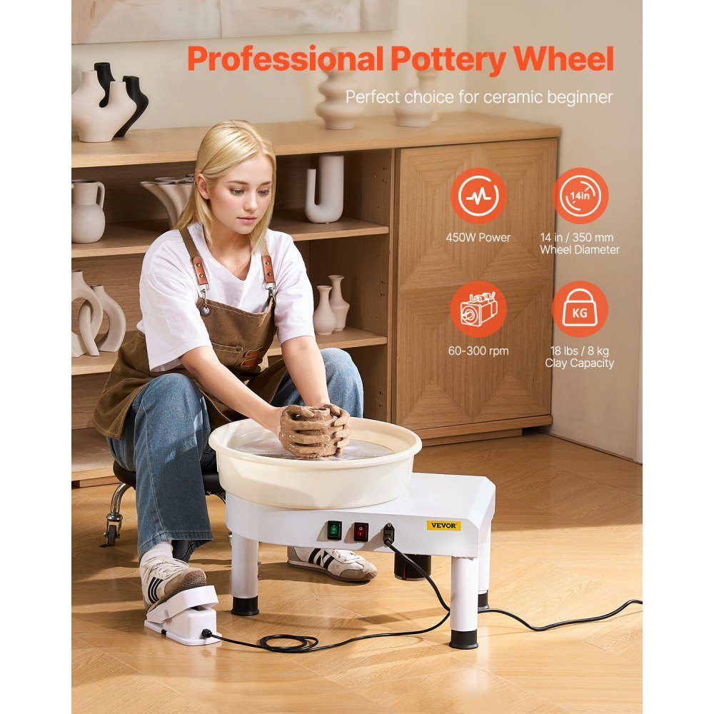 Pottery Wheel Ceramic Disc Forming Machine 450W (35cm) with Adjustable Pedal, Lifting Leg and Removable Basin, Pottery Forming Machine with Complete Accessories for Arts and Crafts, DIY, White
