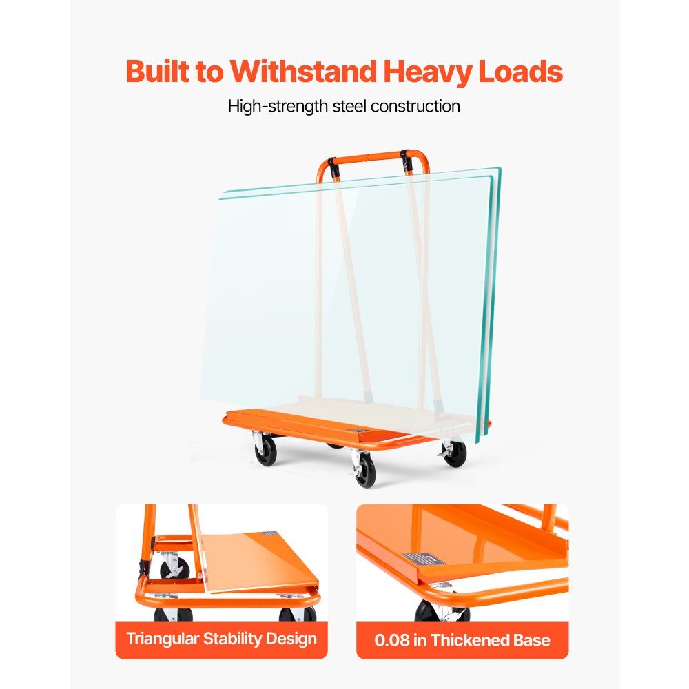 Plattenwagen, 816 kg Tragkraft, Transportwagen mit 4 Lenkrollen, Plattenwagen, Plattenwagen mit Spanngurt, Transporthilfe für Sperrholz, Gipskarton, Glas, Orange, 1150x555x1180 mm