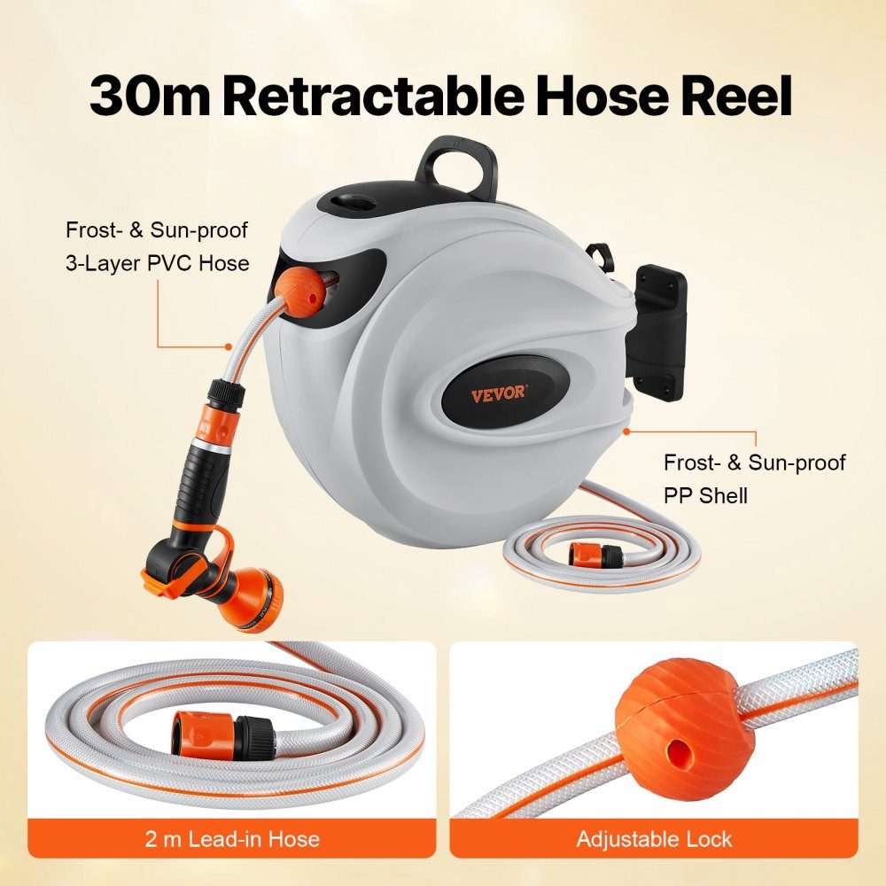 Hose Reel 12mm x 30m Wall Mounted Hose Reel Wall Hose Box with 9 Pattern Nozzle, Automatic Slow Return System and 180° Swivel Bracket