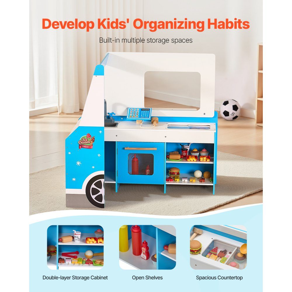 Chariot à glaces pour enfants, plus de 20 accessoires, glacier en bois avec volant et planche, scanner de paiement et congélateur, robinet et évier, adapté aux enfants de 3 à 7 ans, bleu