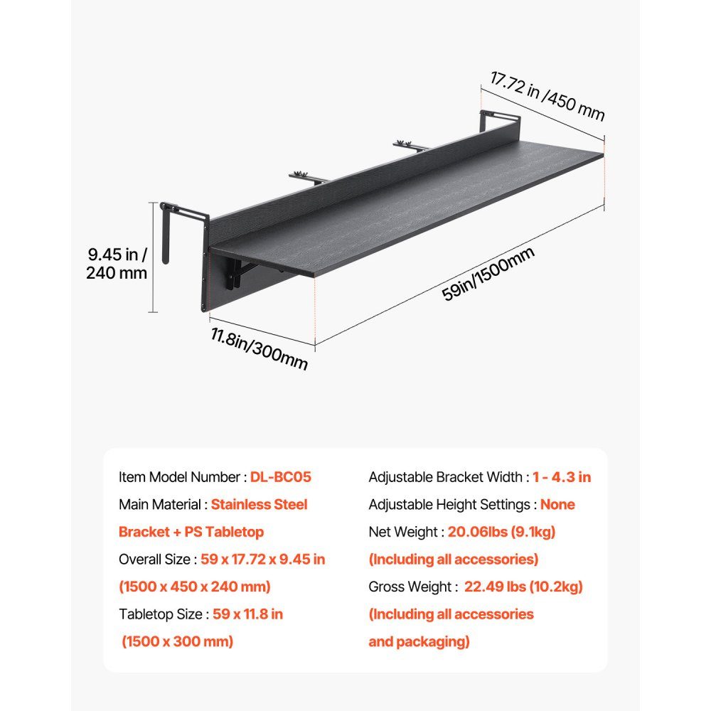 Balkontisch, 1500 x 300 mm, klappbarer Balkon-Hängetisch, Klapptisch für den Außenbereich, 22 kg Tragkraft, geeignet für Geländer von 2,54 bis 15 cm, Serviertisch für Terrasse und Deck