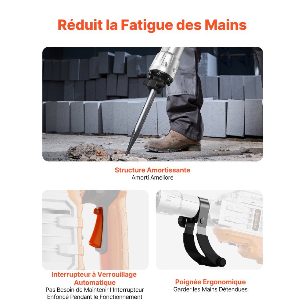 High Performance Concrete Breaker, Demolition Hammer 3500W, 60J Impact Power, Electric Demolition Hammer, Drill Hammer, Concrete Hammer, Mortar Hammer 1900 BPM, Includes Pointed Chisel, Flat Chisel, for Slate, Concrete etc