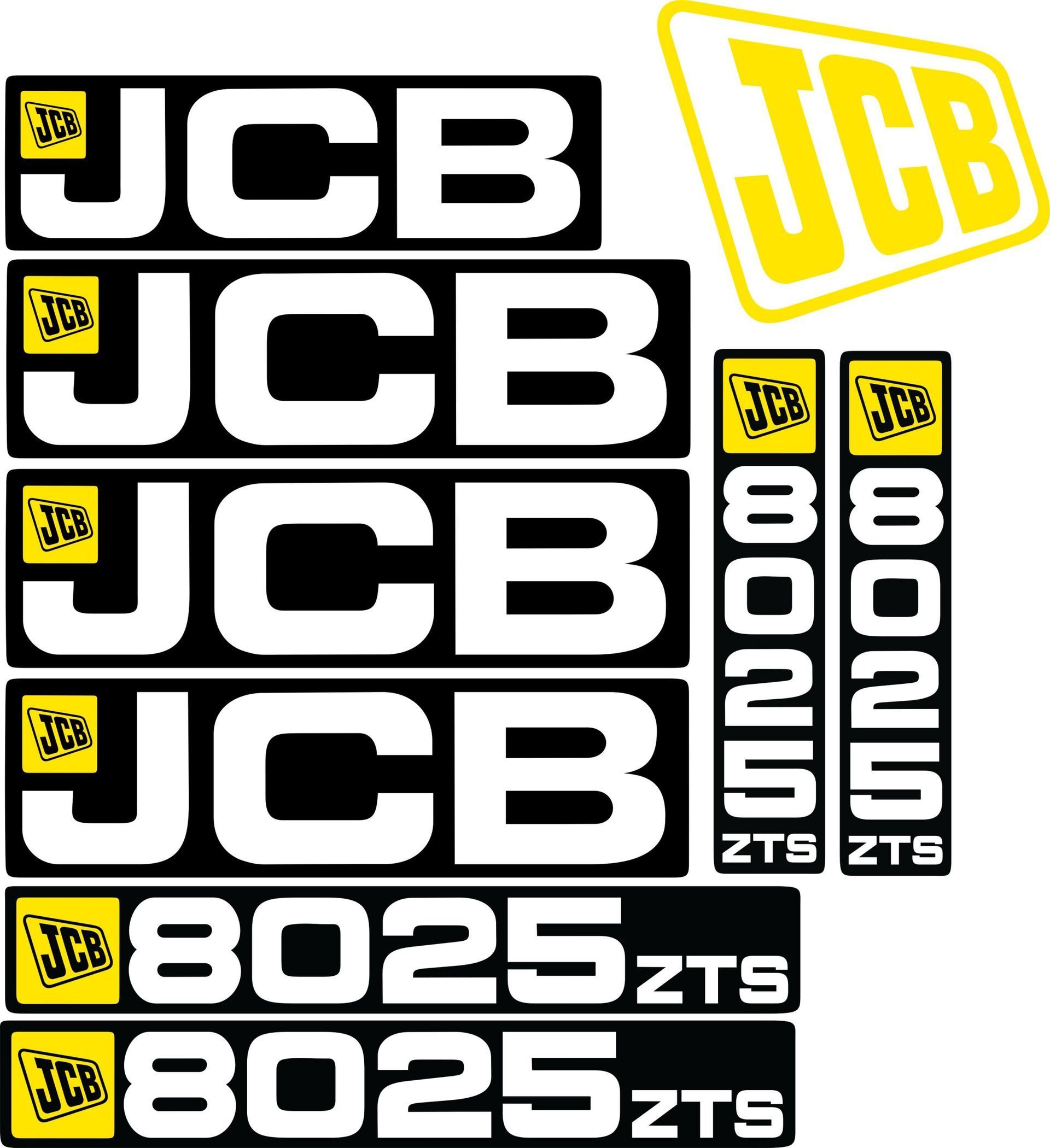 Satz Aufkleber für einen JCB 8025 ZTS, 8030 ZTS, 8032 ZTS, 8035 ZTS, 8045 ZTS, 8055 ZTS, 8085 ZTS.