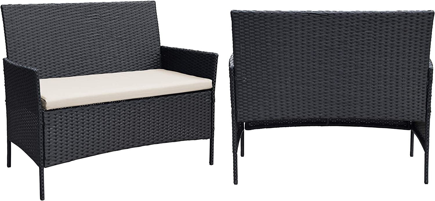 Ribelli 4 Piece Garden Furniture Set, Lounge Set, Cream Cushions - PE Rattan - Table Plus Two Chairs and 1 Bench - Convenient to Store (4 Pieces Black/Cream)