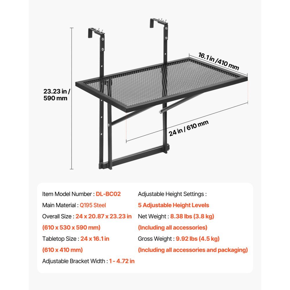 Balkontisch, 61 x 41 cm, klappbarer Metall-Balkon-Hängetisch, Klapptisch für Außengeländer, 5-stufig verstellbar, passend für Geländer von 2,5 bis 11,9 cm, Serviertisch für Terrasse und Terrasse