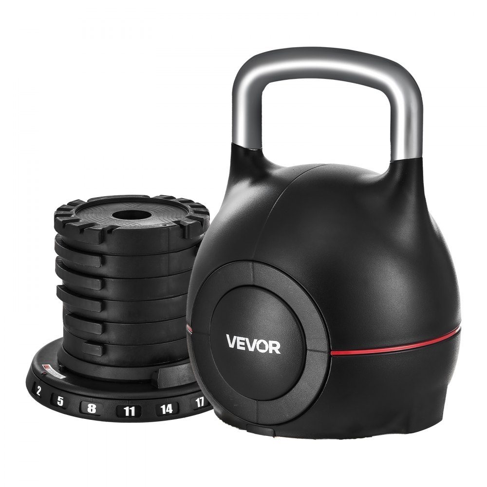 Kettlebell regulowany Kettlebell z 7 poziomami obciążenia (2/5/8/11/14/17/20 kg), hantle wahadłowe wykonane z ABS + odlewanego ciśnieniowo aluminium, do treningu siły chwytu, treningu całego ciała, treningu przekrojowego, czarny