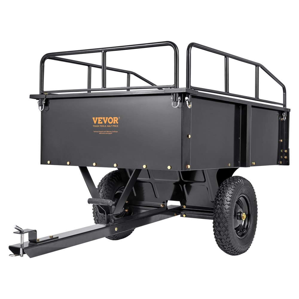 Heavy-duty lawn tractor tipping trailer with 340 kg load capacity, towing hitch with tilting loading area, trailer with folding side walls, black ATV UTV tipping trailer trailer