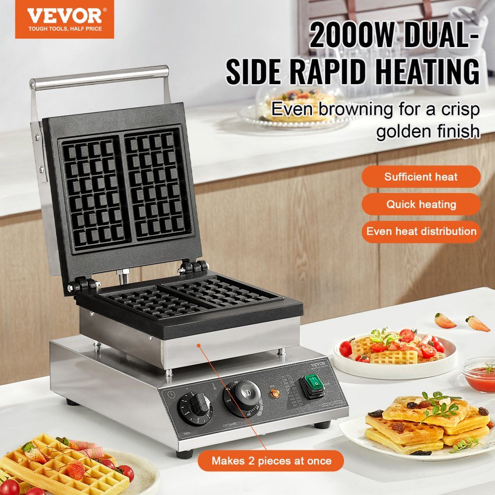 Commercial Waffle Maker Waffle Maker 2000W Non-Stick Belgian Waffle Maker Stainless Steel with Temperature and Time Control for Restaurant Bakery Snack Bar 2 Pack Waffles