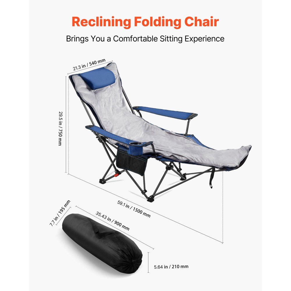 Opvouwbare campingstoel, ligstoel met 4 verstelbare standen, relaxstoel ligstoel met bekerhouder, strandstoel met hoofd- en voetsteun, draagvermogen 100 kg, voor buiten kamperen, blauw