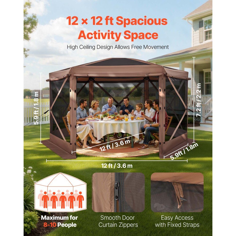Tonnelle escamotable 3,6 m x 3,6 m, tente de camping à 6 côtés avec toit amovible et sac de transport, pare-soleil pour 8 à 10 personnes, tente de fête pour jardin, terrasse, marron