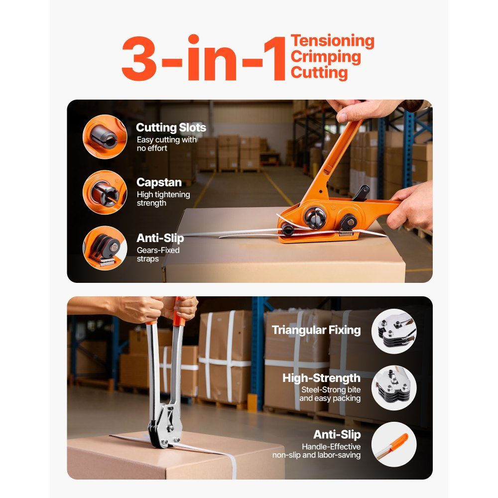 4-piece strapping set with strapping tape, manual strapping tool with 100 m PET tape, 100 metal clips & cutters, ideal workshop equipment for industrial packaging, transport & storage