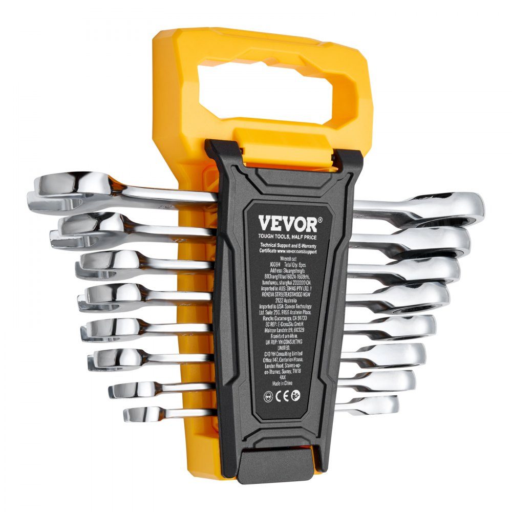 Wrench Set, 8 Piece Ratchet Wrench Set with Organizer Rack, Cr-V Steel Metric 8mm to 19mm Wrench Set, Ideal for General Car Repairs in Home, Garage, Workshop