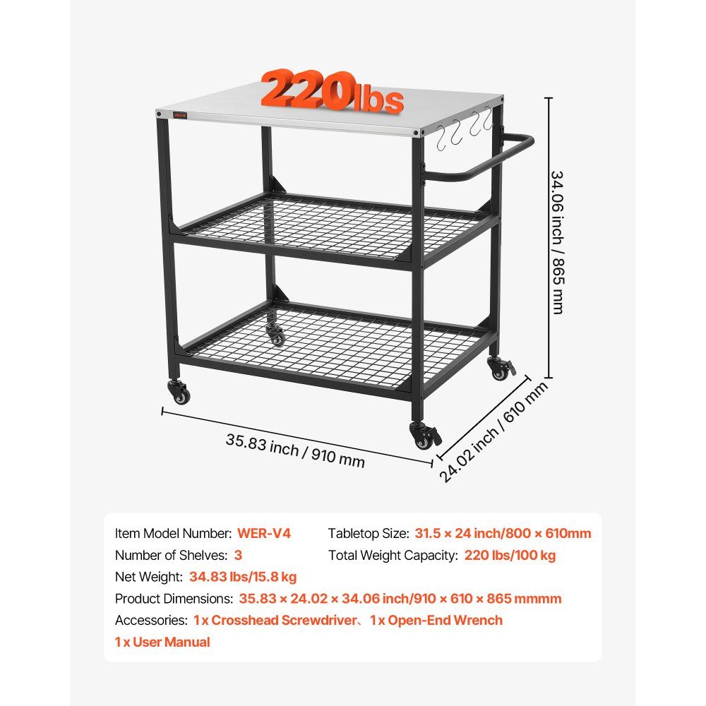 Chariot barbecue extérieur 80 x 61 cm (taille plateau table), table barbecue roulante avec poignée latérale & 2 étagères grillagées & 4 roulettes, table de préparation barbecue, chariot de service pour pique-nique, cuisine, jardin
