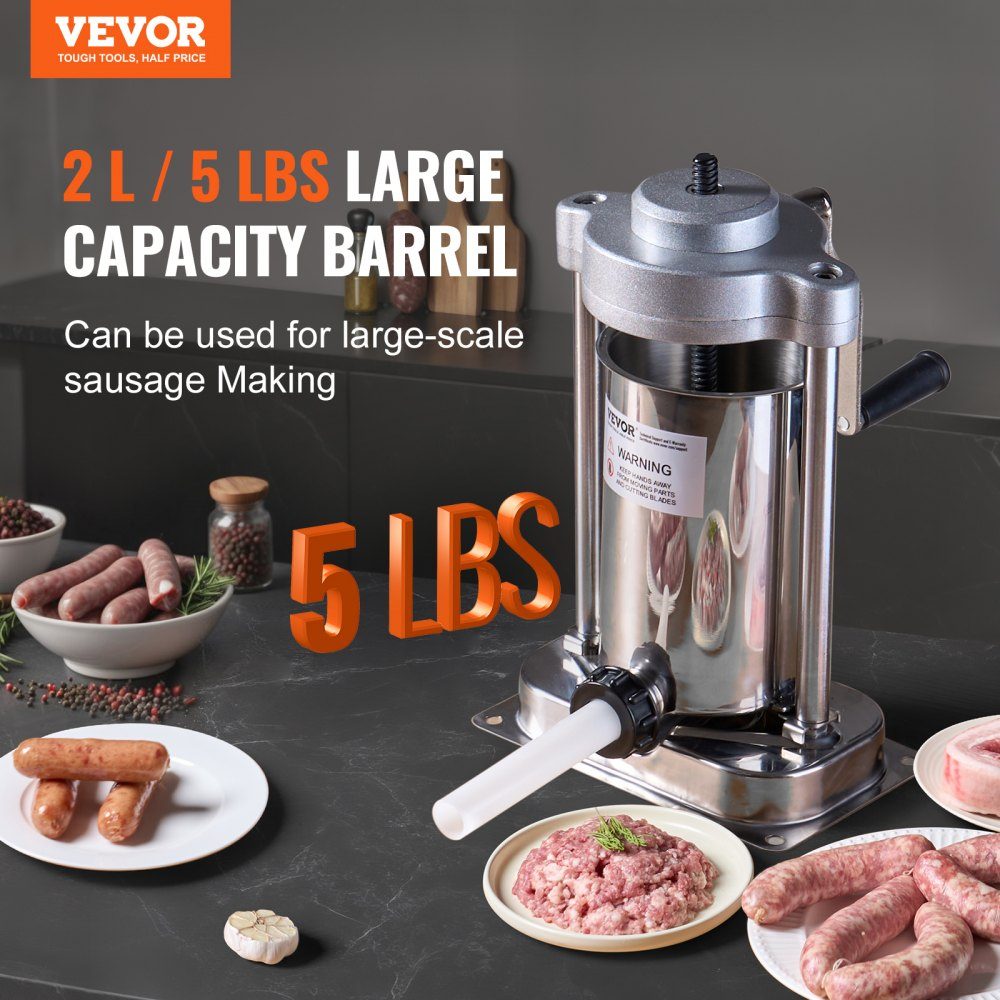 Manueller Wurstfüller, 2 l/5 lbs vertikale Wurstmaschine mit G-Typ-Klemme, Fass aus Edelstahl 304 in Lebensmittelqualität mit 2 Füllrohren, für Zuhause, Küche, Restaurant, Gewerbe