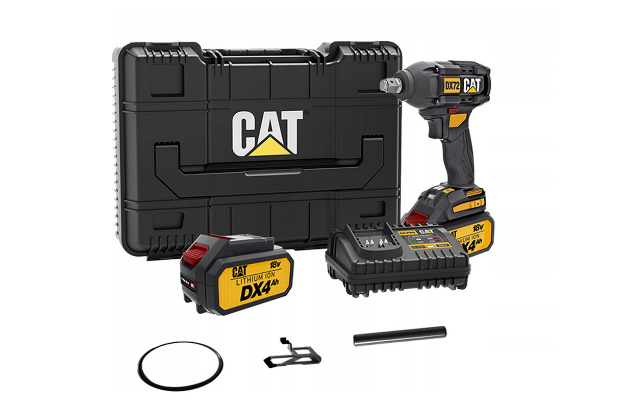 Clé à chocs sans balais CAT DX72 18V 350Nm dans un ensemble composé d'un chargeur et d'une batterie