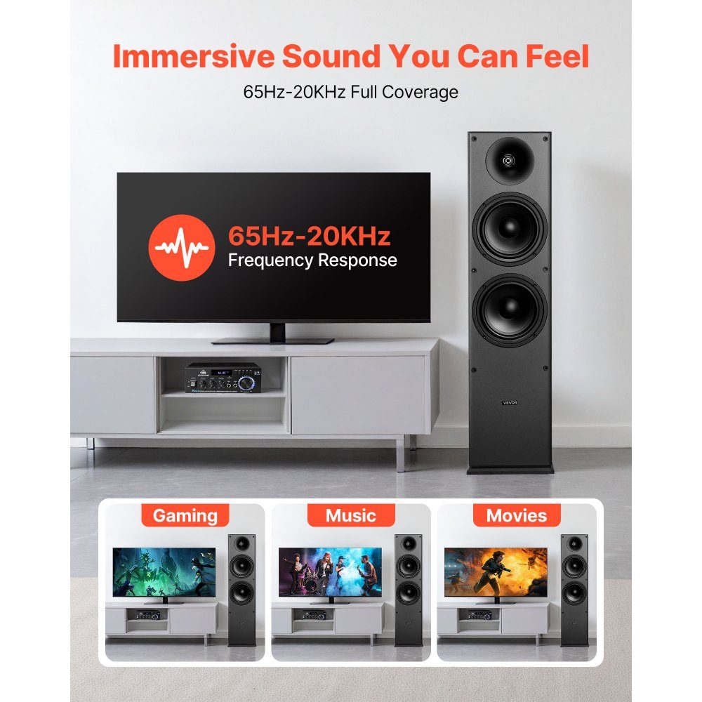 Passive floorstanding speaker pair, 2-way, with 1" tweeter, two 6.5" woofers, 400W peak power, 65Hz-20kHz frequency response, robust MDF housing, for home audio, pair