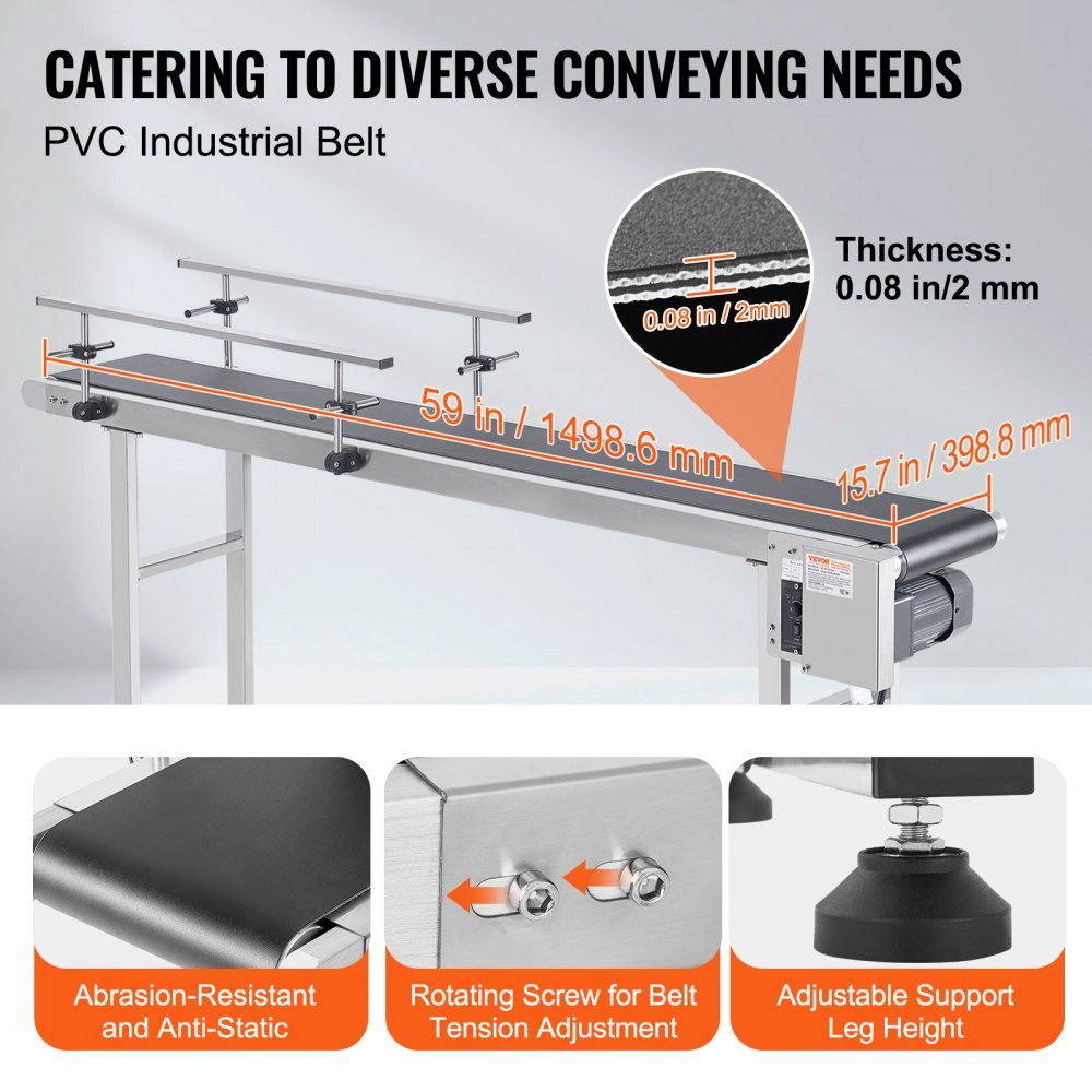 Belt Conveyor 1498.6 x 398.8mm Conveyor Table Motorized Belt Conveyor for Inkjet Coding Applications Powered PVC Belt Anti-Static Adjustable Speed ​​(Double Guardrail)