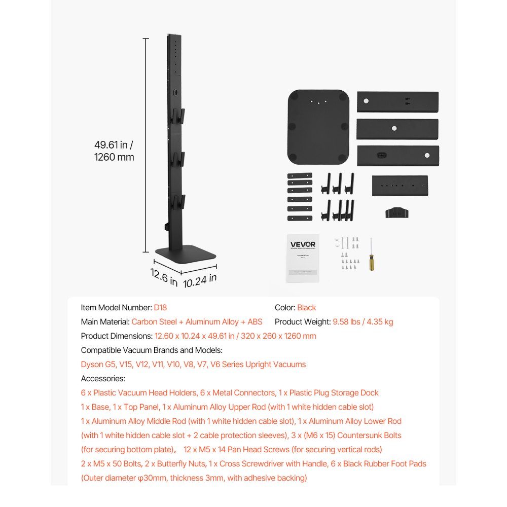 Stofzuigerstandaard 32 x 26 x 126 cm, compatibel met steelstofzuigers en accessoires uit de Dyson G5 V15 V12 V11 V10 V8 V7 V6-serie, vloerstandaard, houder met 6 haken en antislipvoetkussens, zwart