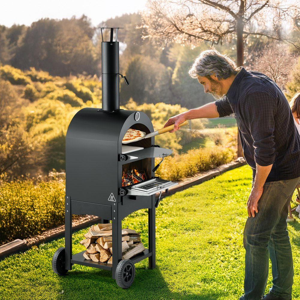 Pizza Oven 12 Inch Pellet Ovens, 2 Layer Wood Fired Pizza Oven, Outdoor Wood Oven with 2 Removable Wheels, Pizza Maker with Maximum Temperature of 540°C for Grilling