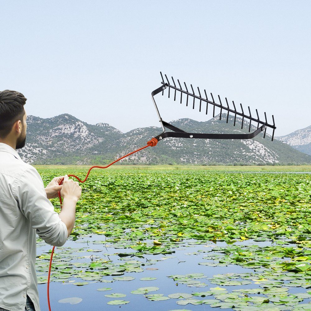 Râteau d'étang 810 x 495 x 165 m Outil d'élimination des mauvaises herbes en fer double face Coupe-plantes léger avec corde de 9 m Aucun assemblage requis pour le ruisseau du lac de l'étang