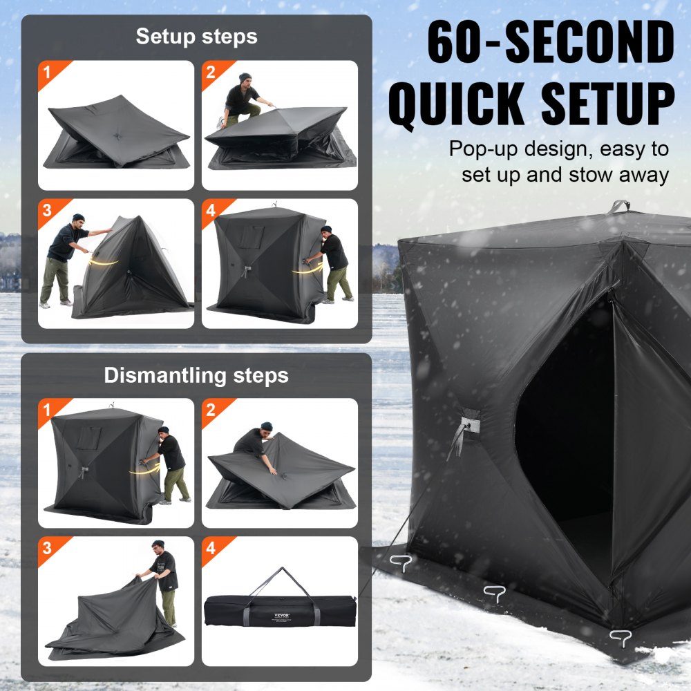 Tragbares Eisangelzelt, Pop-up-Eisangelzelt für 1–2 Personen, Angelzelt aus 300D-Oxford-Stoff, Angelschirm für Winterangeln, Zelt mit Ankern/Seil/Tragetasche, 1,5 x 1,5 x 1,65 m, schwarz
