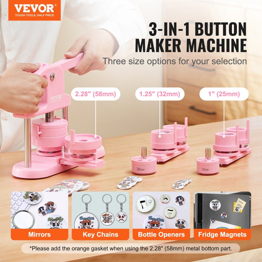 Buttonmaker 25/32/58mm 3-in-1 Pinmaker, 300pcs Button Parts, Buttonmaker Machine with Panda Magic Book, Ergonomic Punching Set with Bow Handle, for DIY Gifts for Kids