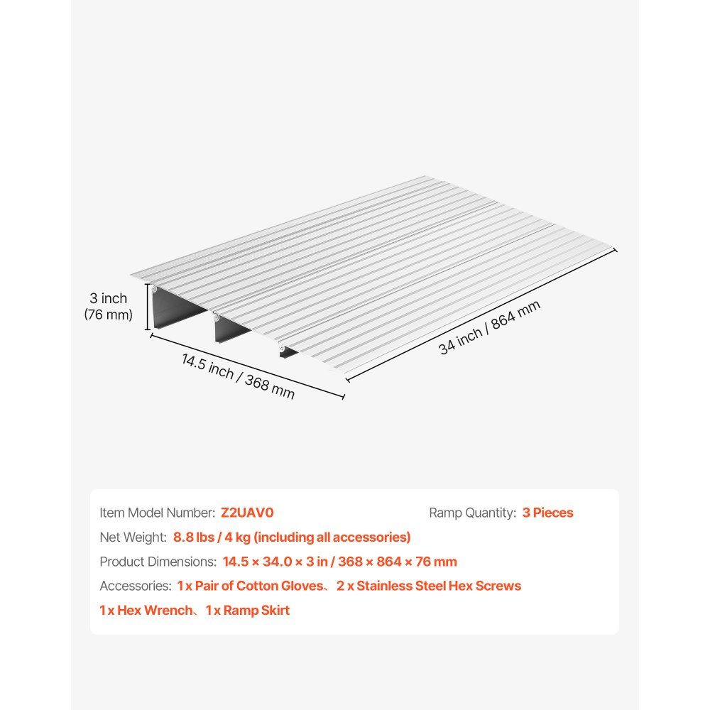 Türschwellenrampe, 423 x 864 x 87 mm, Rollstuhlrampe aus Aluminiumlegierung mit 360 kg Tragfähigkeit, Bordsteinrampen für Heimtreppen für Rollstühle, Roller, Gehhilfen, Fahrräder, Dreiräder