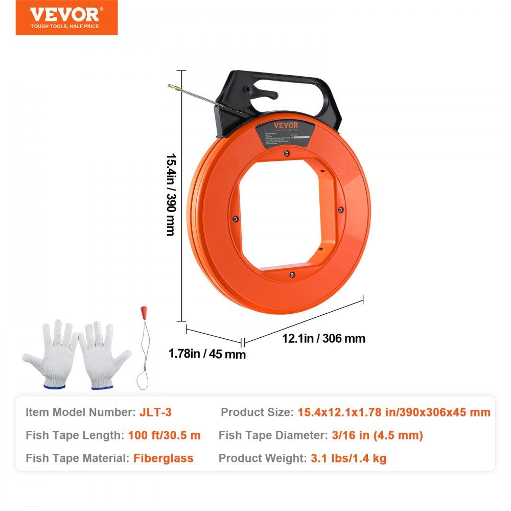 Fish Tape 100ft 3/16" glasvezel draadtrekker met geoptimaliseerd lichaam en handvat, eenvoudig te gebruiken kabeltrekker, flexibel draadvisgereedschap voor muren en elektrische draden, niet-geleidend