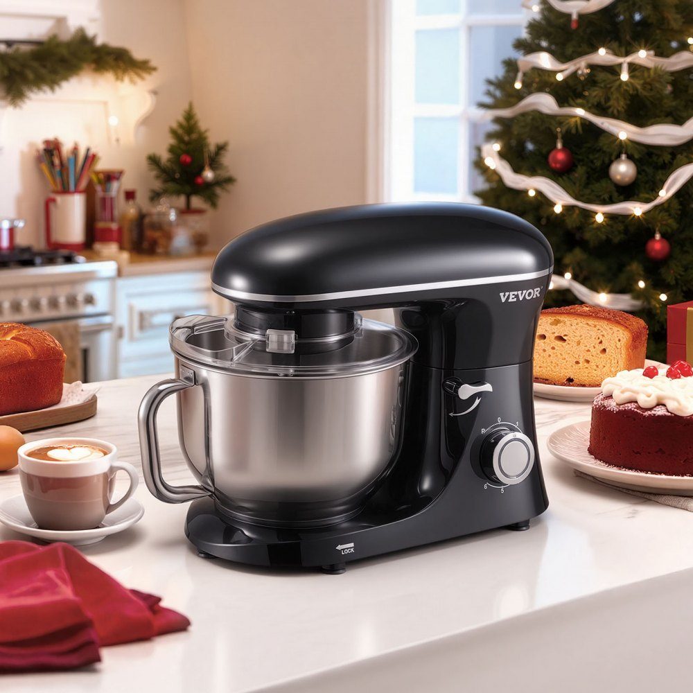 Robot culinaire Mélangeur de pâte 1400 W 5,68 L Robot culinaire à tête inclinable Bol en acier inoxydable Crochet pétrisseur Fouet Grattoir Robot culinaire domestique pour la cuisson et le mélange Noir