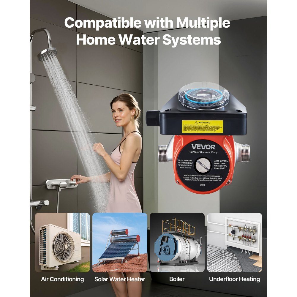 Circulation Pump with Timer 38L/min Instant Circulation Pump System 100W AC 220-240V Heating Pump G3/4" to G1/2" Connection for Boiler Hot Water Preparation