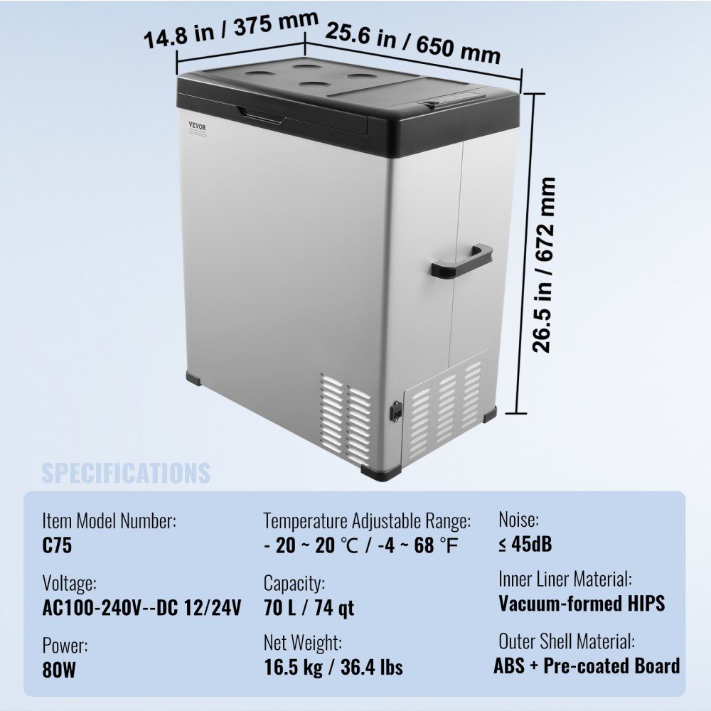 Car Refrigerator, 12V Car Refrigerator, 70L Portable Single Zone Freezer, Adjustable Range from -4℉ to 68℉, 12/24V DC und 100-240-V-AC- Compressor Cooler for Outdoor, Camping, RV