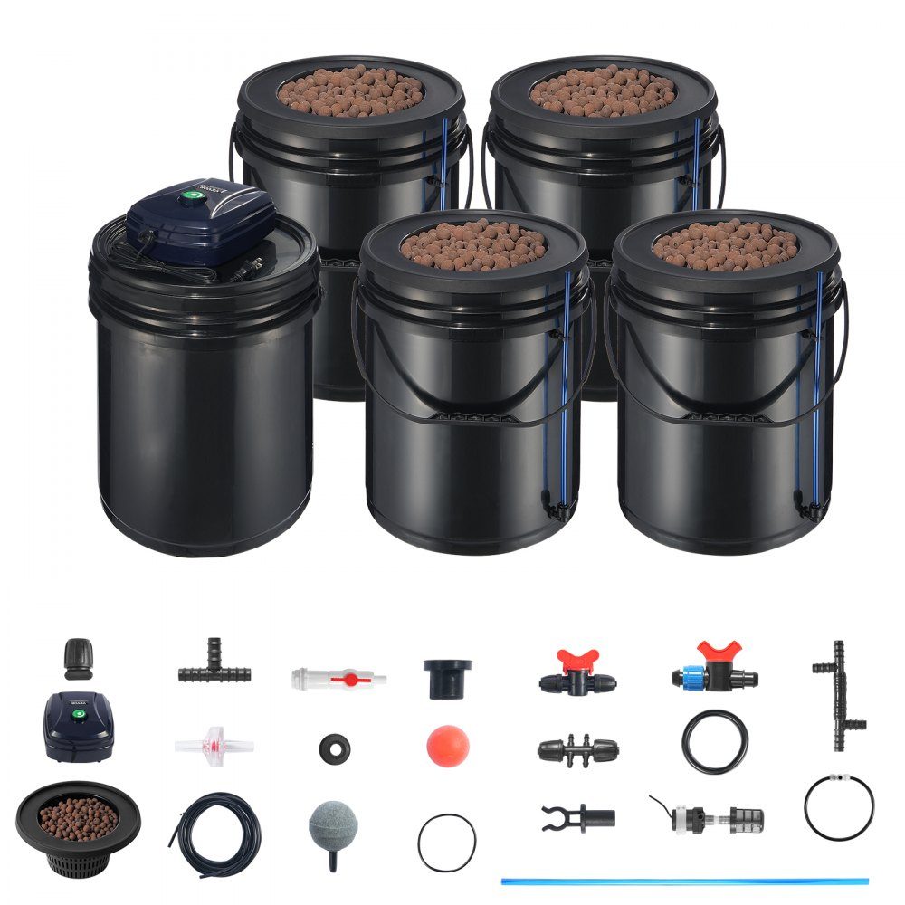 RDWC Hydroponic Growing System, Hydroponic Growing Kit with Drip Top, Circulation Deep Water Culture, 4 Buckles and 1 Reservoir, with Air Pump and Water Level Indicator for Leafy Vegetables