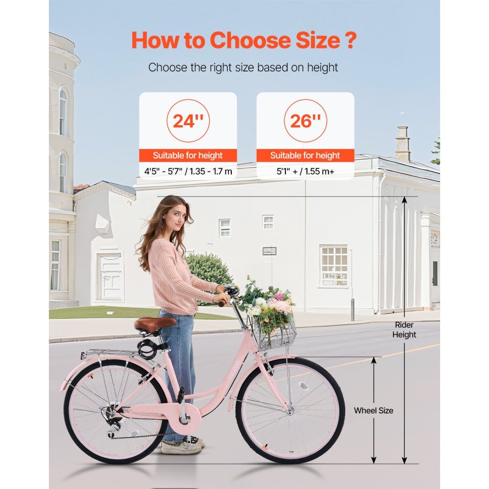 Cruiser-Fahrrad mit 7 Gängen (Reifendurchmesser 660,4 mm), Strandfahrrad mit großem Korb und Gepäckträger, Cruiser-Fahrrad mit verstellbarem Sitz, für Fahrradtraining und Einkaufen, Pink