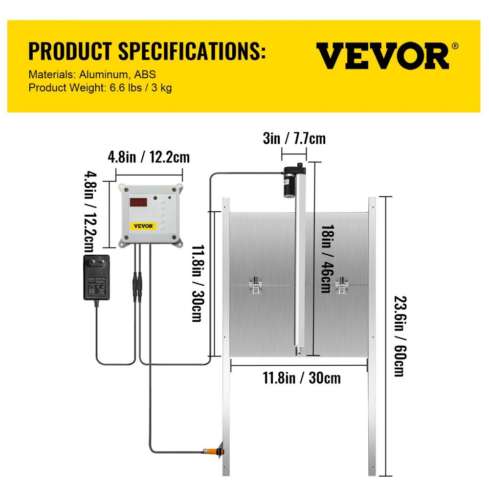 Automatische Hühnerklappe, Aluminiumlegierung/ABS, Hühnertür mit Schieber, 66 W, Hühnertorwächter, 30 x 30 cm, Türöffner mit Lichtsensor, Zeitsteuerung, ideal für den Außen-/Innengebrauch von Hühnerställen