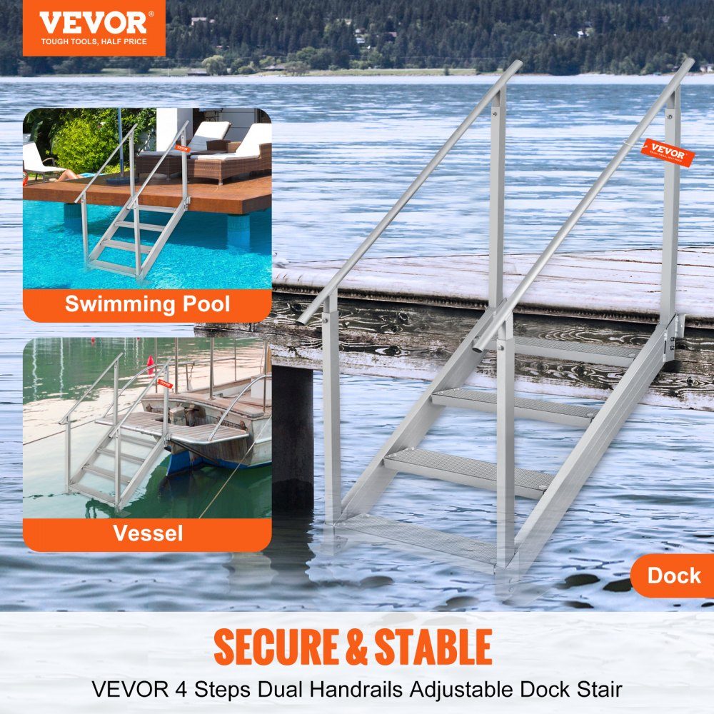 4-stufige Badeleiter mit zwei Handläufen, Bootsleiter, 800 x 1850 x 1750 mm, Poolleiter aus Aluminiumlegierung, Treppenleiter, 250 kg Tragkraft, 55 x 10 cm Pedale, ideal für Häfen, Bootsschwimmbäder