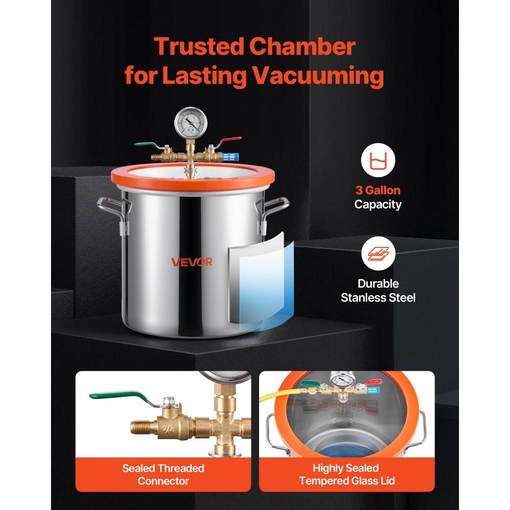 Pompe à vide avec chambre à vide de 11,4 L, 3,5 CFM 99 L/min, pompe à vide à 1 étage 180 W, kit de pompe à vide, tuyau de 1,5 m, pour stabiliser le bois et dégazer la résine de silicone