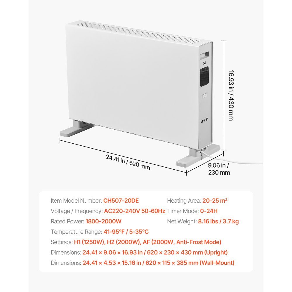 Convector Heater, 2000W Electric Convection Heater with Remote Control and Touch Control, 3 Modes, 24 Hour Timer, with Tilt and Overheat Protection for Home and Office