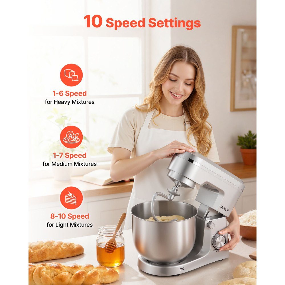 Knetmaschine Küchenmaschine zum Backen, 1500-W-Teigmaschine mit Edelstahlschüssel (5,7 l) & Knethaken & Rührbesen & Schneebesen, 10-Gang-verstellbarer Kippmixer Standmixer
