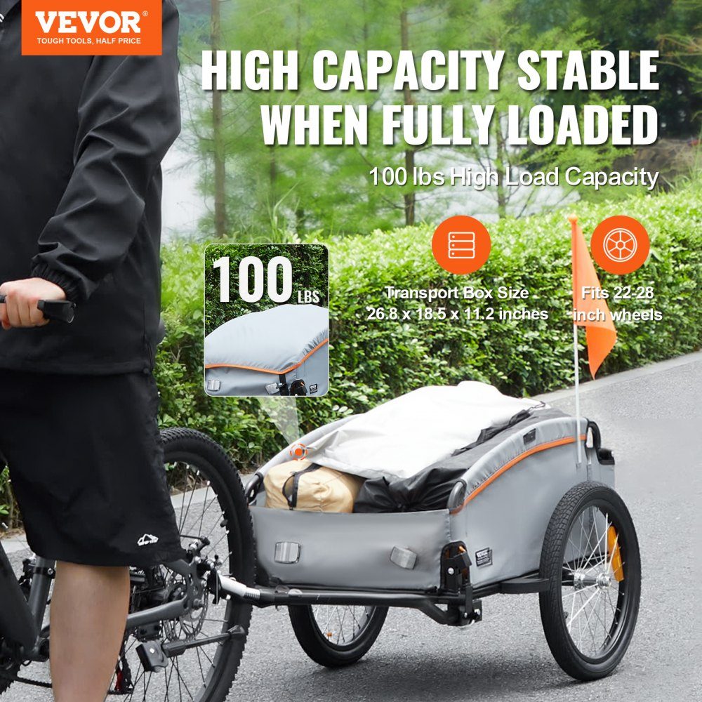 Remorque à vélo 45 kg, remorque cargo 1350 x 630 x 525 mm, remorque de transport, remorque cargo pliable pour vélo, espace de rangement compact avec attelage universel, pour faire du shopping, camper et pique-niquer