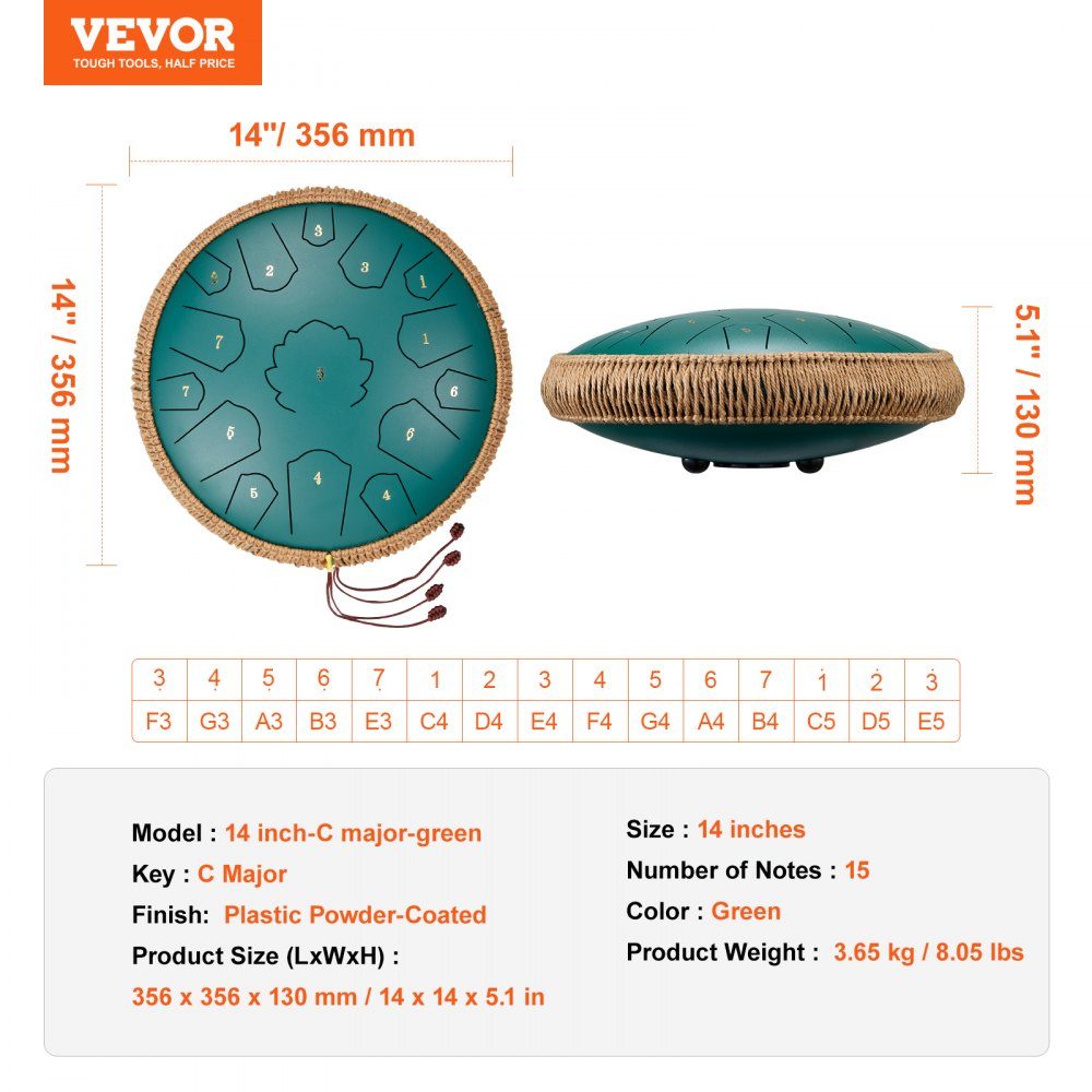 Zungentrommel 356 mm, Stahlzungentrommel 15 Noten, Regentrommel, C-Dur-Tonart, Regenglockenspiel mit 2 Schlägeln und Tragetasche, Handpan-Trommel, Schlaginstrument für Musikunterricht und Yoga, Grün