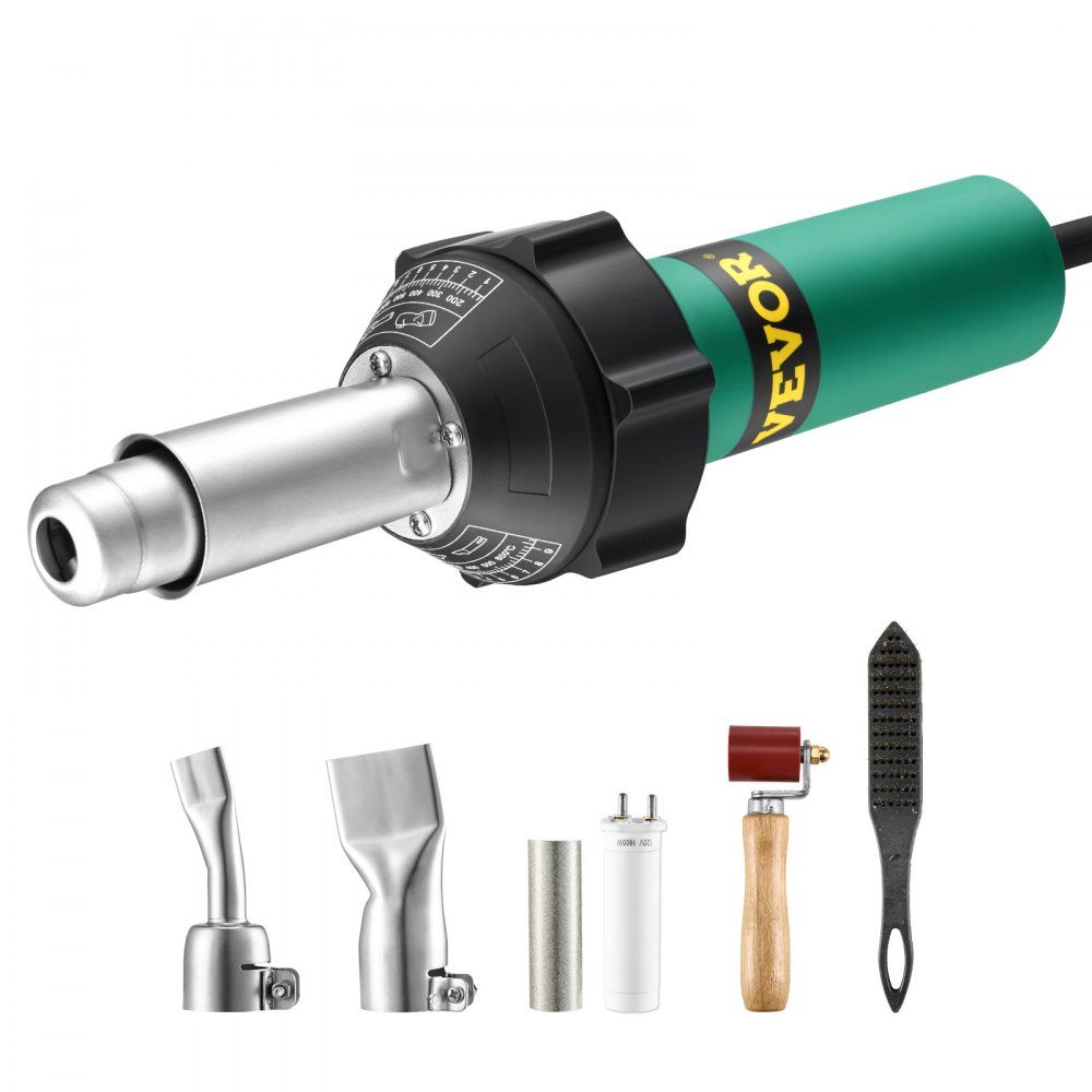 Soudeur plastique à air chaud, pistolet à air chaud 1600 W, torche de soudage pour vinyle PVC TPO 50-600 °C, ensemble de 5 soudeurs à air chaud et 2 buses plates, 1 rouleau de couture, brosse pour feuilles PP/PE/PVC