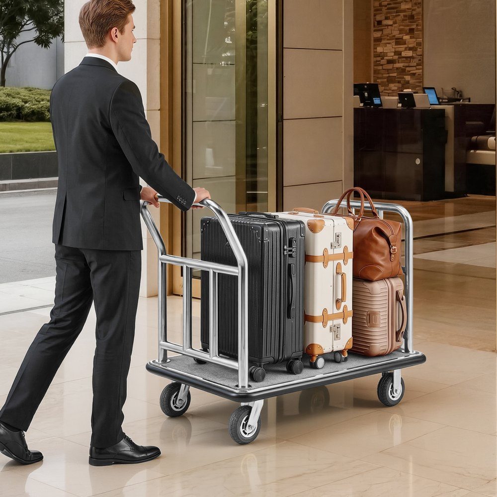 Wózek bagażowy hotelowy Wózek platformowy o udźwigu 340 kg ze zdejmowaną ramą przednią Wózek parkingowy z podłogą wyłożoną wykładziną i 6-calowymi gumowymi kołami Idealny do hoteli, apartamentowców i kurortów