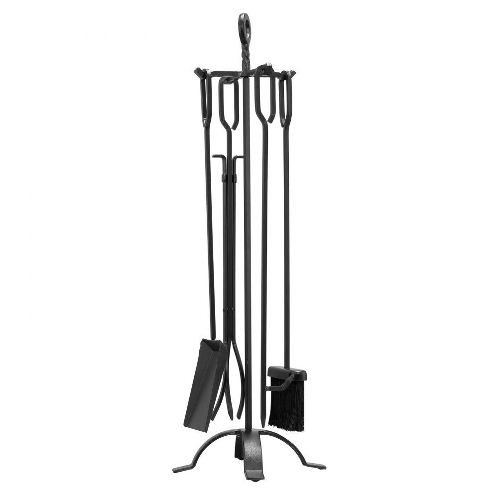 Kaminbesteck-Set, 5-teiliges Herdbesteck-Set, vierzackiger Ständer, Zange, Ascheschaufel, Bürste, Schürhaken, Kamin-Set, schmiedeeisernes Kaminzubehör für Lagerfeuer, Kamin, Schwarz