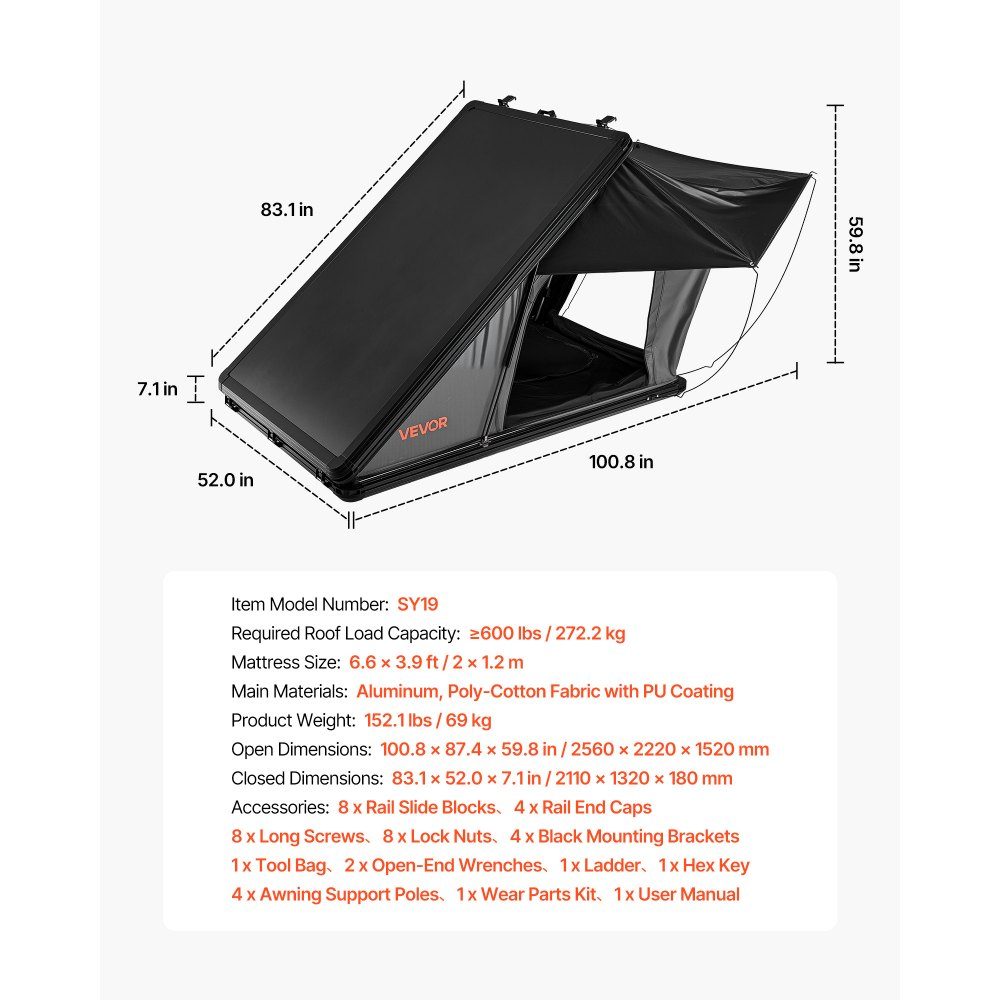 Tente de toit de voiture à coque rigide pour 2-3 personnes, tente de camping en aluminium avec éclairage LED tricolore et 1 fenêtre, imperméable et coupe-vent, pour pick-up Jeep SUV, 256 x 222 x 152 cm (déplié)