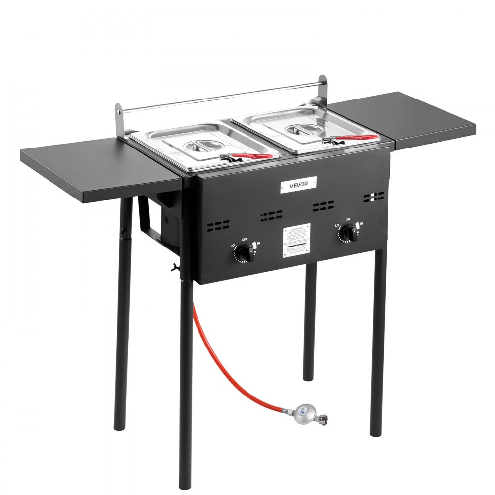 Friteuse commerciale d'extérieur au propane avec 2 réservoirs (9 L x 2), cuisinière en acier inoxydable avec plate-forme pliable, double panier et contrôle de la chaleur, friteuses autoportantes pour restaurants, snack-bars Friteuse commerciale d'extérieur au propane avec 2 réservoirs (9 L x 2), cuisinière en acier inoxydable avec plate-forme pliable, double panier et contrôle de la chaleur, friteuses autoportantes pour restaurants, snack-bars