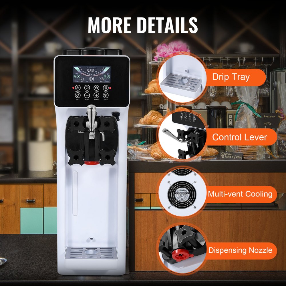 Commercial Ice Cream Machine, 10L/H Output, 900W, Single Flavor Soft Ice Cream Machine, Countertop, with 4L Hopper, 1.6L Cylinder, LCD Screen, Pre-Cooling Commercial Ice Cream Machine, 10L/H Output, 900W, Single Flavor Soft Ice Cream Machine, Countertop, with 4L Hopper, 1.6L Cylinder, LCD Screen, Pre-Cooling